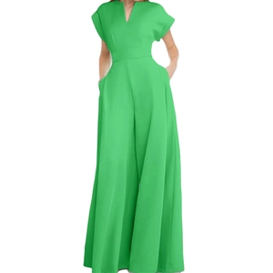 Elegant grass green V-neck short sleeve jumpsuit with high waist and wide leg silhouette