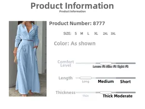 Detail view of light blue two-piece casual set featuring lapel shirt and wide-leg trousers