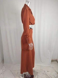 Close-up of brick red two-piece set with cropped shirt and cargo-style wide-leg trousers