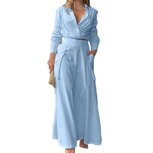 Women's light blue casual two-piece set with V-neck cropped shirt and wide-leg trousers