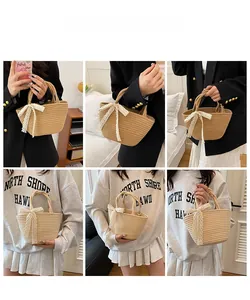 Multiple views of straw handbag with white lace bow and round handles on different outfits