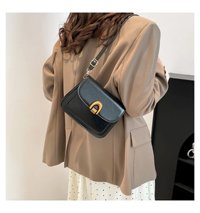 Close-up of a black leather square bag with a vintage gold horseshoe buckle and strap