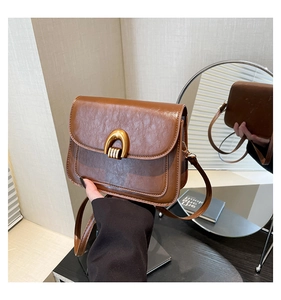 Detail of vintage brown textured leather shoulder bag with gold horseshoe buckle and mirror reflex