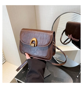 Detail view of dark brown leather crossbody bag with a vintage golden horseshoe buckle lock
