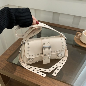 Women Fashion Rivet Shoulder Bag Synthetic Leather Y2K Punk Underarm Baguette Bag Metal Eyelet Crossbody Handbag Stylish Daily Purse