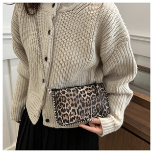 Detail shot of leopard print crossbody bag with metallic studs and a delicate chain strap
