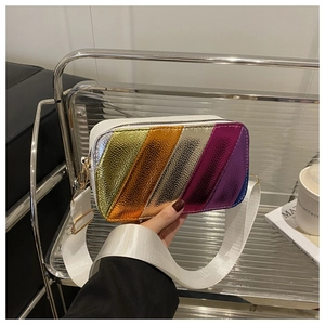 Detail of colorful metallic crossbody camera bag with multi-color diagonal stripes