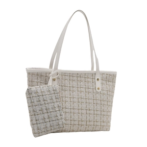 Elegant white wool bucket bag set with gold thread weave and leather tote handle
