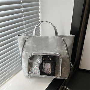 Silver metallic ita-bag tote with transparent front pocket for anime badges and charms
