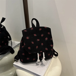 Fashionable strawberry print black corduroy shoulder bag with elegant tassel drawstrings