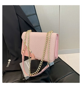 Close-up of pink crossbody bag with metal trim and adjustable gold chain strap