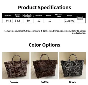 Infographie du guide des tailles montrant les dimensions du grand sac cabas léopard