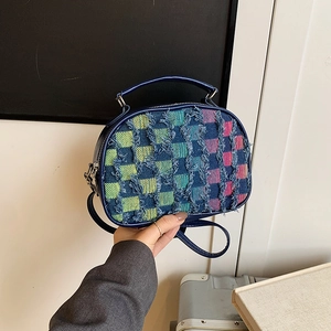Fashionable Women Distressed Checkerboard Crossbody Bag Frayed Denim PU Leather Splicing Handbag Small Square Shoulder Bag