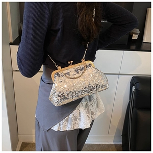 Detailed shot of a silver sequined vintage evening bag with gold ring handle and chain