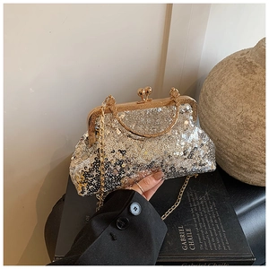 Macro view of vintage silver sequin evening clutch with golden frame and clasp