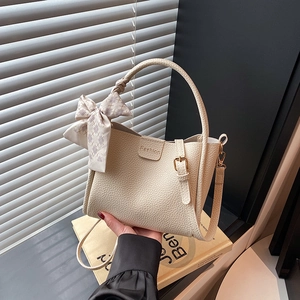 Fashion Litchi Texture PU Leather Bucket Bag For Women With Satin Scarf Bow Elegant Shoulder Crossbody Handbag Daily Commute