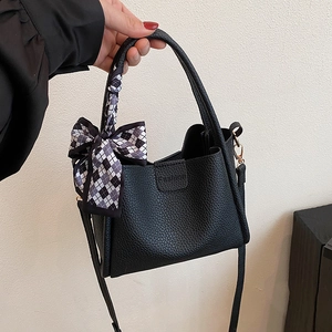 Black lychee texture bucket bag with checkered scarf accent and Fashion embossing