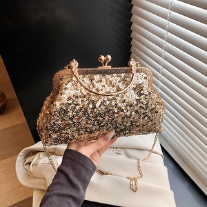 Sparkly gold sequin clutch bag with vintage metal kiss lock and pearl chain strap