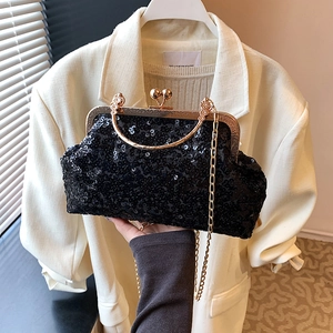 Retro black sequin evening bag with gold handle, chain strap and elegant bead closure