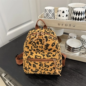 Women Japanese Style Leopard Print Corduroy Mini Backpack Cute Small Rucksack Leisure Fashion Travel Daypack School Bag