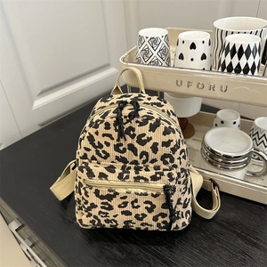 Cute leopard print corduroy mini backpack with adjustable straps for school girls