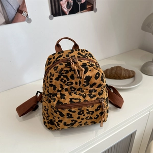 Chic leopard print corduroy mini backpack for women with dual zipper compartments