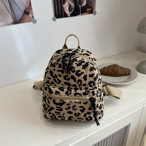 Chic leopard print corduroy mini backpack with adjustable straps for school or daily use