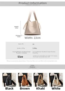 Detailed view of bucket bag dimensions and multiple color options in textured PU leather