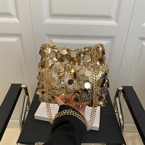 Elegant gold sequin crossbody bag with a metallic chain strap for evening party wear