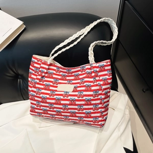 Large capacity canvas tote bag with red and white stripes and cherry prints for women