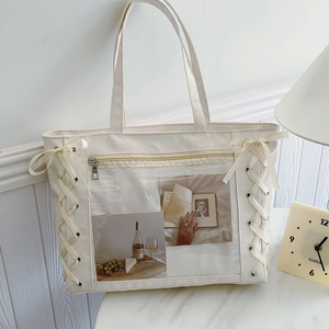 Large Capacity Pleated Ita Bag For Women Sweet Bow Ribbon Decor Transparent Window Tote Bag Casual Shoulder Bag