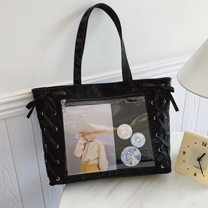 Japanese style black ita bag tote with ribbon bows and large transparent display window