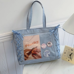 Light blue large capacity ita bag tote with transparent PVC window and ribbon detail