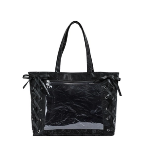 Japanese style black ita bag tote with ribbon weaving and clear window for display