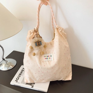 Women's Floral Canvas Tote Bag Large Capacity Cartoon Animal Shoulder Bag Japanese Zakka Handbag With Plush Pendant Shopping Bag