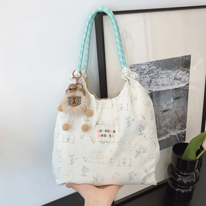 Sac fourre-tout en toile style japonais avec imprimé lapin fleuri et anse tissée