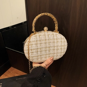 Elegant Women Tweed Oval Evening Bag With Gold Metal Chain Strap Rhinestone Clasp Lady Handbag Party Shoulder Crossbody Bag