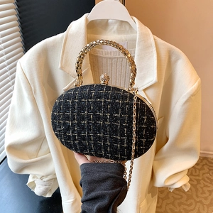 Elegant tweed chain crossbody box bag with gold metal handle and crystal lock for women
