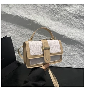 Detail of the woven texture and golden metal buckle on a beige leather crossbody handbag