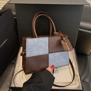 Women Fashion Splicing Checkerboard Handbag Contrast Color PU Leather Square Shoulder Crossbody Bag Casual Street Tote Bag