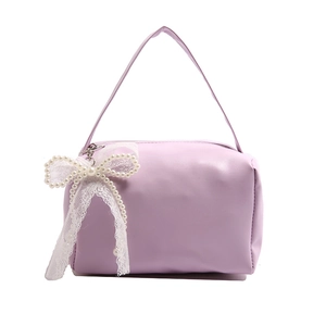 Light purple minimalist PU leather handbag with elegant pearl lace bow ornament