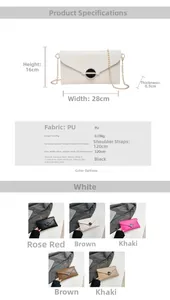 Dimensions détaillées et options de couleurs pour pochette enveloppe avec chaîne