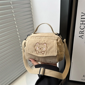 Women Corduroy Crossbody Bag Bear Embroidery Preppy Style Small Square Handbag Retro Messenger Shoulder Bag Satchel