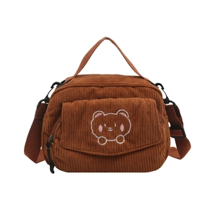 Brown corduroy crossbody bag with cute bear embroidery and adjustable shoulder strap