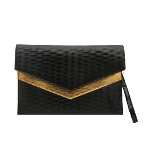 Fashionable black envelope clutch with gold V-trim and wavy textured leather finish