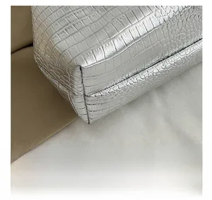 Close-up of crocodile pattern silver bag texture with precise stitching craftsmanship