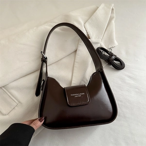 Women Minimalist Glossy PU Leather Underarm Bag Fashion Letter Print Shoulder Bag Adjustable Strap Handbag Purse For Daily Dating
