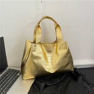 Women Fashion Crocodile Pattern Tote Bag Metallic Glossy PU Leather Large Capacity Handbag With Magnetic Closure For Daily Office