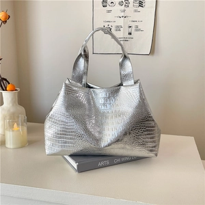 Silver crocodile pattern tote bag with double handles in minimalist Nordic aesthetic