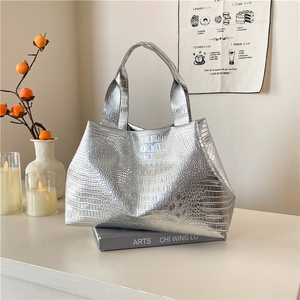 Silver crocodile embossed leather tote bag for women with large capacity and minimalist design